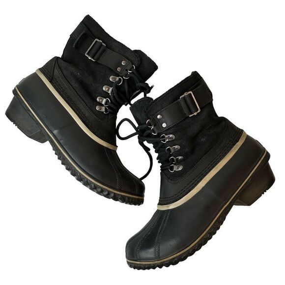Sorel Fancy Lace II Black Oiled Suede Leather Winter Snow Duck Boots Size 10 - Picture 4 of 16
